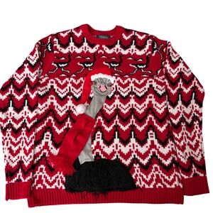 33 Degrees Mens Ostrich Christmas Sweater Red Fair Isle Santa Hat Size M
